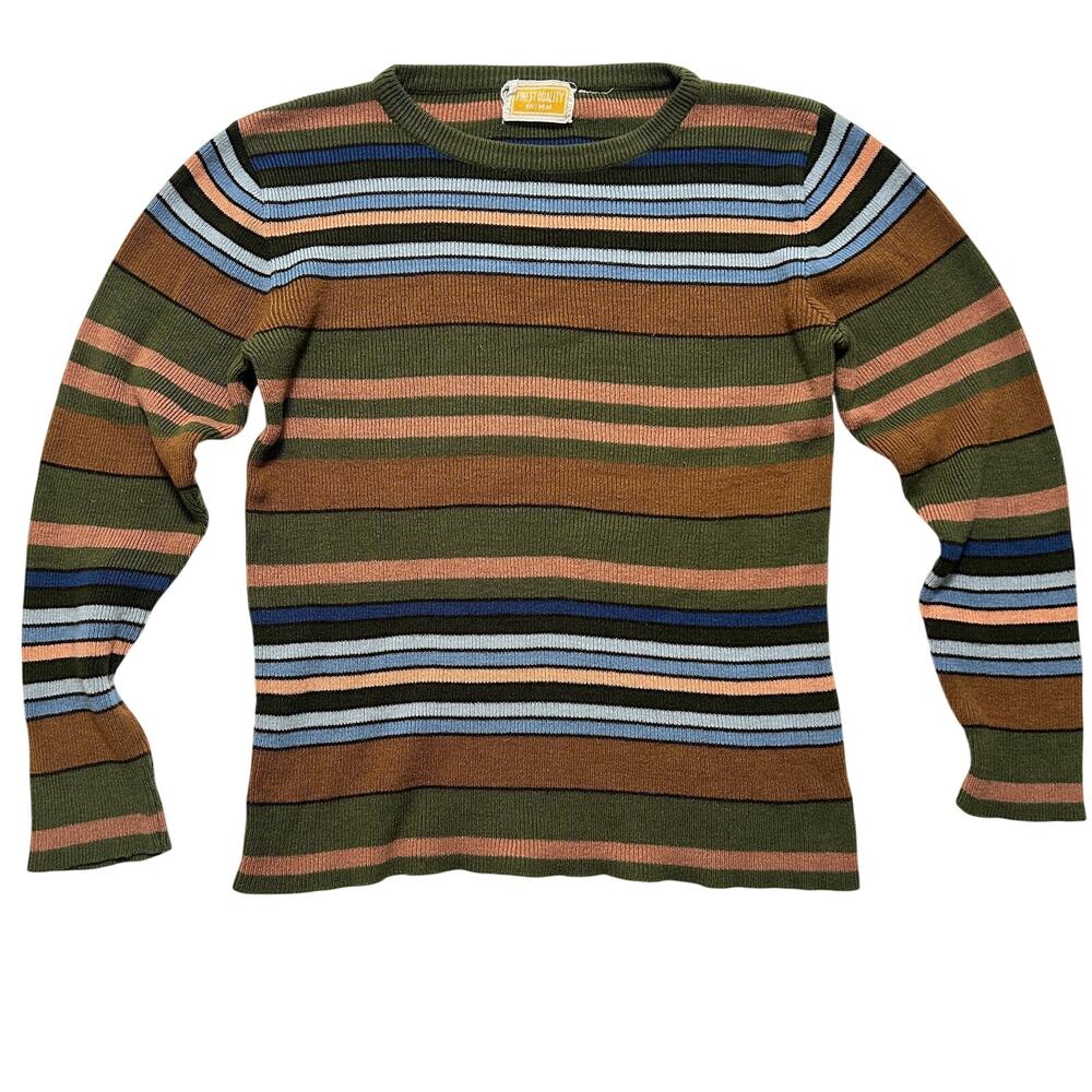 VTG 70’s Striped Fitted Ribbed Knit Pullover Sweater M Olive-Toned